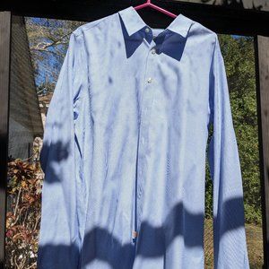 Untuckit XL X-Large Blue and White Stripe Dress Shirt Just Cleaned
